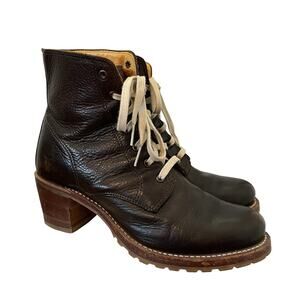 Frye Sabrina Leather Block Heel Lace Up Boots Size 9 Brown Western Vibram USA